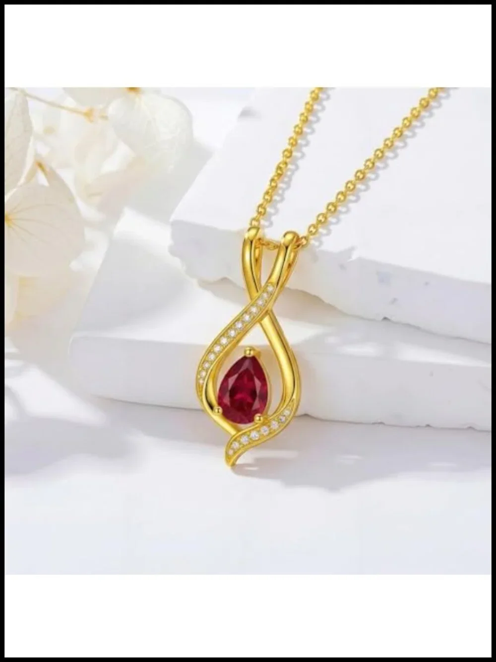 14K Gold Infinity Pendant Necklace with Ruby Birthstone Diamond Accents